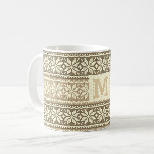 Mug Snowflake Brown Nordic Faux Knit Sweater Monogramm (Devant gauche)