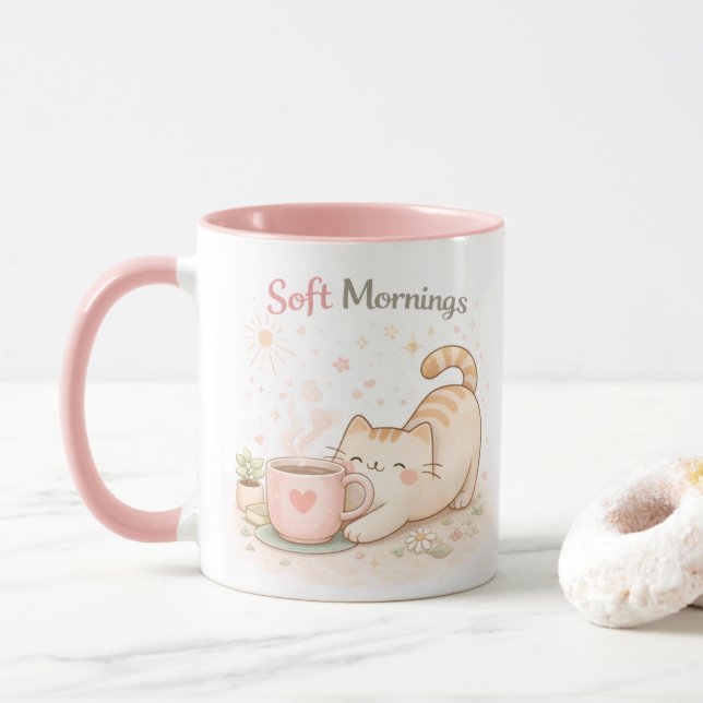 Mug Soft Morning Kawaii Cute Cat Coffee Sweet Pink (Avec donut)