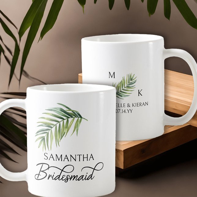 Mug Soirée de mariée Palm Leaf (Bridesmaid coffee mug with tropical palm leaf and calligraphy)