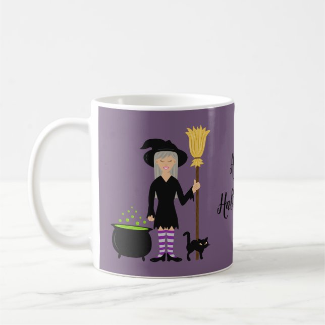 Mug Sorcière Avec Un Chat Sur Purple & Happy Halloween (Gauche)