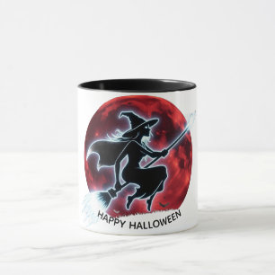 Mug Sorcière brillante volant au-dessus de la lune rou