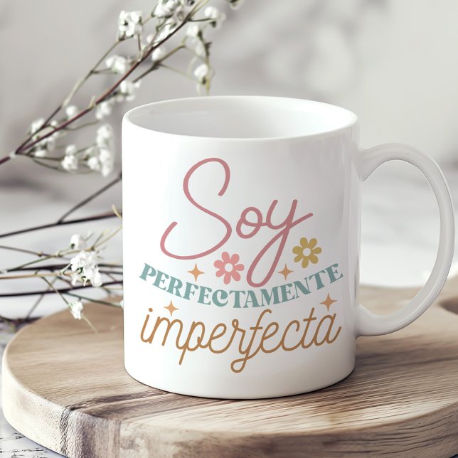 Mug "Soy Perfectamente Imperfecta" Inspiration Boho ("Soy Perfectamente Imperfecta" Boho Inspirational Coffee Mug on a sunny neutral boho kitchen table.)