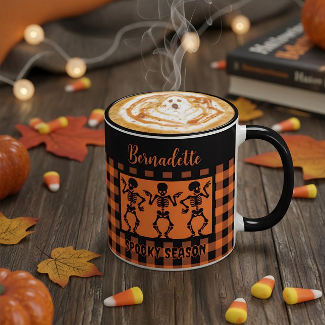 Mug Spooky Season Skeleton Trio Orange & Black Plaid  (Créateur téléchargé)