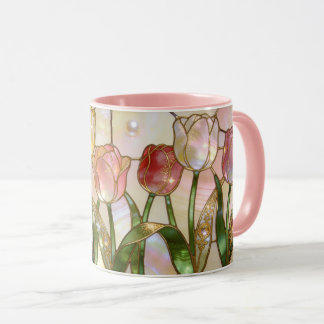 Mug Stained Glass Style Pink and Yellow Tulips