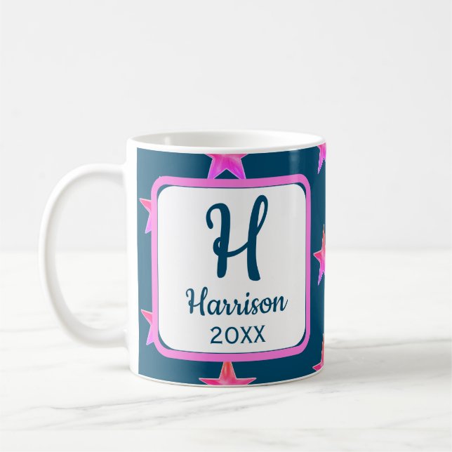 Mug Star Monogramme initial rose bleu coloré (Gauche)