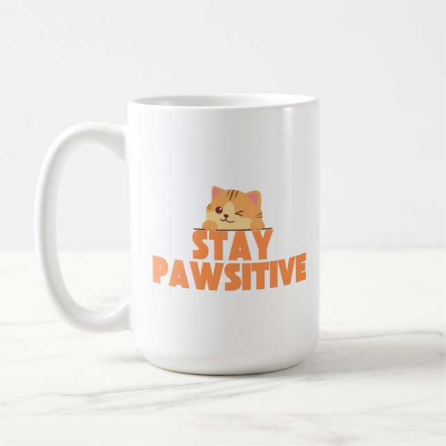 Mug Stay Pawsitive Cute Winking Cat Pun Design (Gauche)