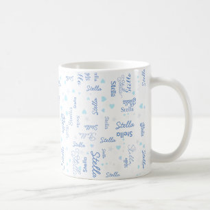 Mug Stella nom personnalisé, coeurs bleus et étoiles s