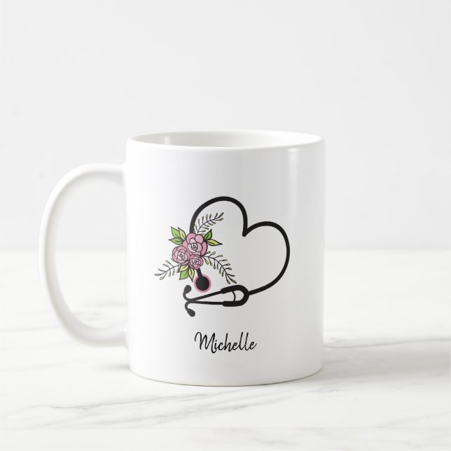 Mug Stethoscope floral Coeur Infirmière personnalisée  (Gauche)