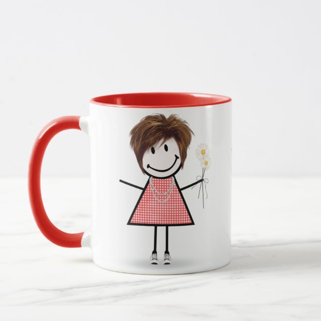 Mug Stick Figure Girl with Daisies and Quote (Gauche)