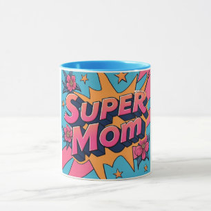 Mug Style bande dessinée Super Maman Fleurs Étoiles Fê