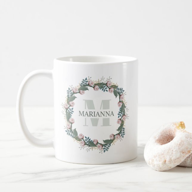 Mug Stylé Monogramme Botanique Rose Floral Rose Wreath (Avec donut)