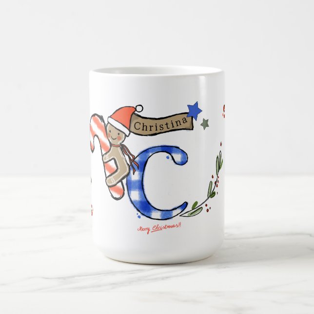 Mug Style Rétro Joli Monogramme de Noël C Avec Nom (Centre)