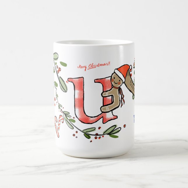 Mug Style Rétro Joli Monogramme de Noël U avec nom (Centre)