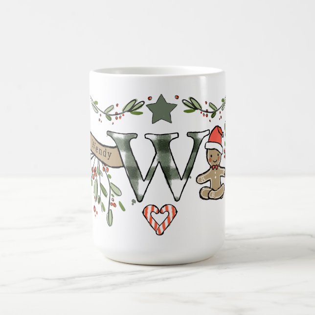 Mug Style Rétro Joli Monogramme de Noël W avec nom (Centre)