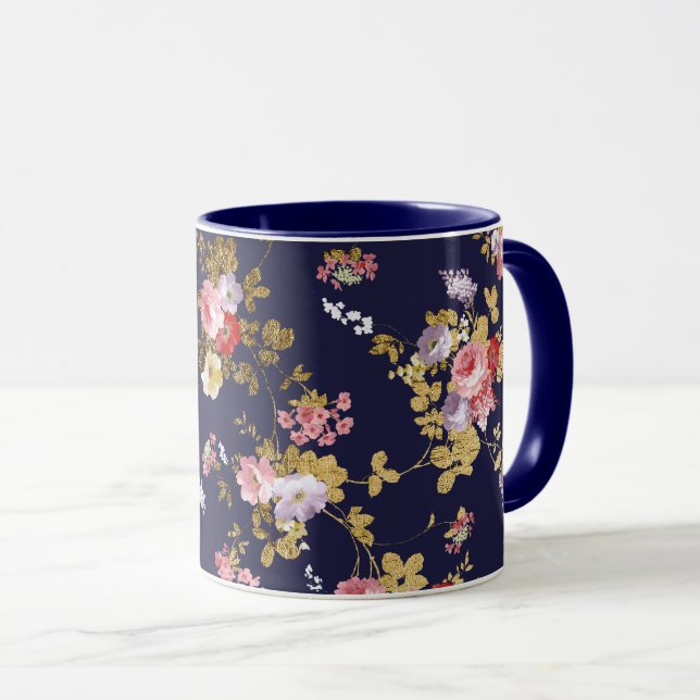 Mug Stylish bleu marine or rose boho floral (Devant droit)