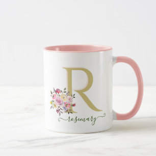 Mug Stylish Floral Gold Rose Votre nom de monogramme  