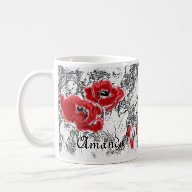 Mug Stylo dessiné à la main des pavots rouges fleurs f (Gauche)