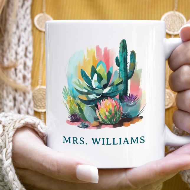 Mug Succulents Abstraits Nom personnalisé Monogramme (Créateur téléchargé)