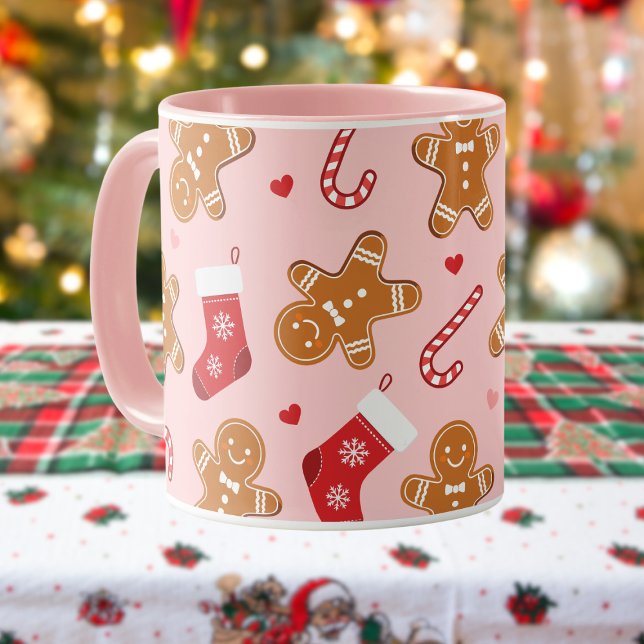 Mug Sucre de canne de pain d'épices Stockage rose de N (cute gingerbread, candy cane and stockings pink christmas mug )