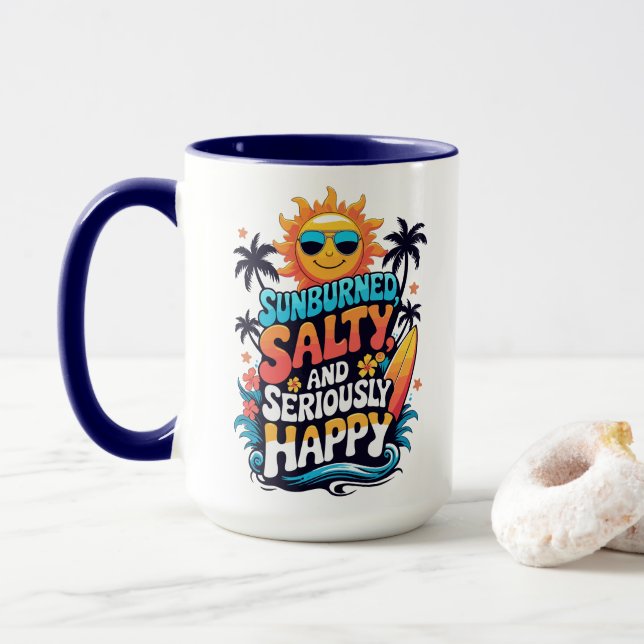 Mug Sunburned Salty and Happy – Retro Beach Vibes (Avec donut)