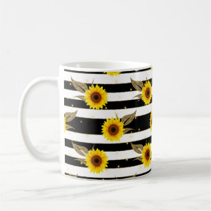 Mug Sunflowers with Black and White Horizontal Lines
