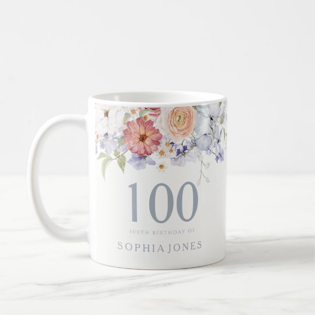 Mug Superbe aquarelle Florale 100e fête d'anniversaire (Gauche)