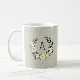 Mug Sweet Greenery Wreath and Greige Dots Monogramme