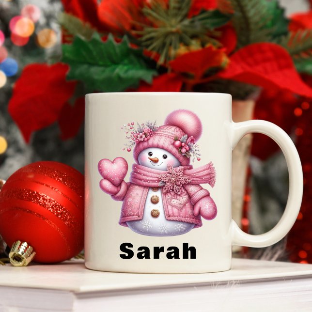 Mug Sweet Heart Holding Pink Snowman Noël (Sweet Heart Holding Pink Snowman Christmas Coffee Mug)