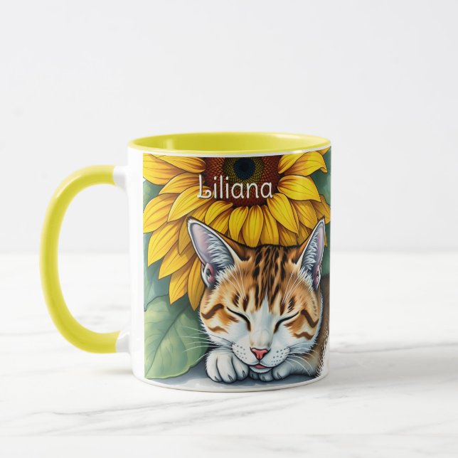 Mug Sweet Sleepy Kitty Cat and Sunflowers Personalized (Gauche)