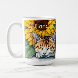 Mug Sweet Sleepy Kitty Cat and Sunflowers Personalized