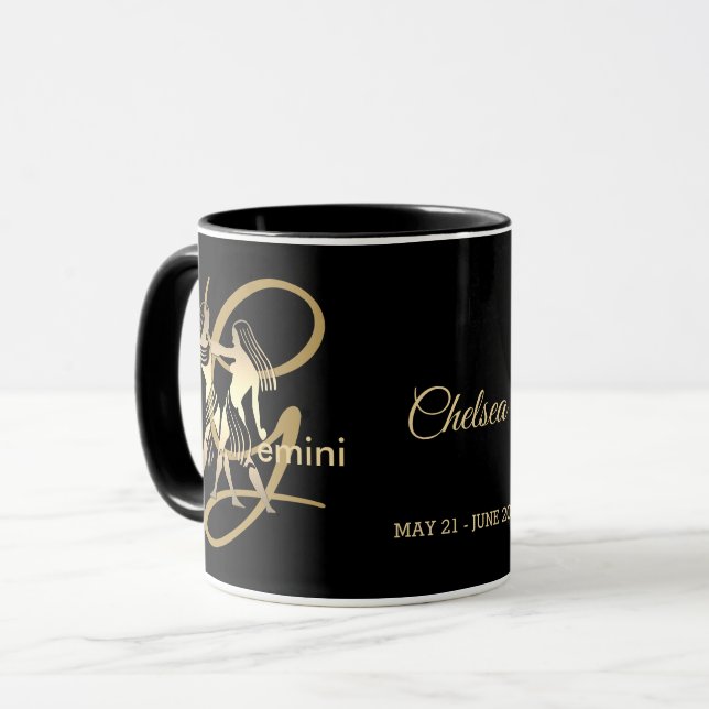 Mug Symbole d'anniversaire Gemini ♊ Zodiac / Noir et O (Devant gauche)