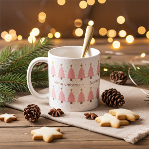 Mug Symboles de Noël rose, étoiles d'or personnalisés