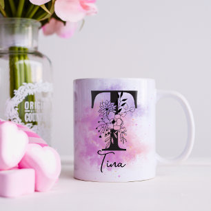 Mug T Floral Monogramme Lettre Noir Violet Rose