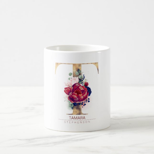 Mug T Monogramme Floral Bourgogne Rouge et bleu marine (Centre)