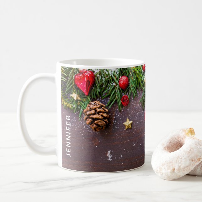 Mug Table de Noël rustique avec pin et neige (Avec donut)