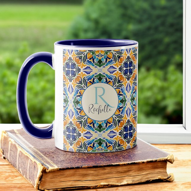 Mug Talavera azulejo bleu bridesservatrices cadeaux mo (Vintage Talavera azulejo blue tiles personalized monogrammed coffee mug bridesmaids gifts for her)