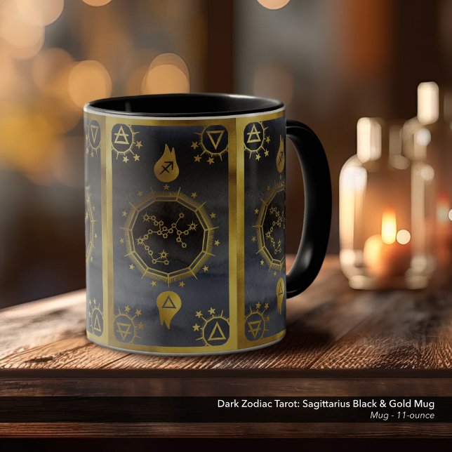 Mug Tarot Zodiac foncé : Sagittaire Noir & Or (Dark Zodiac, Tarot, and Alchemy Mug: Sagittarius in Black & Gold)
