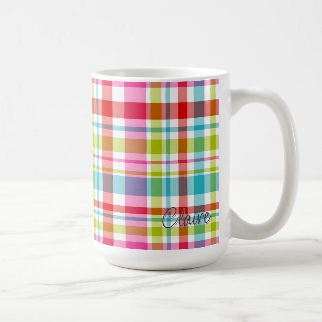 Mug Tartan à carreaux arc-en-ciel lumineux Nom personn (Droite)
