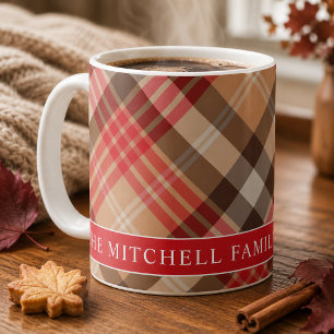 Mug Tartan à carreaux rouge et bronzé Monogramme de fa