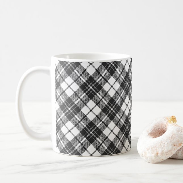 Mug Tartan motif vacances Noël noir blanc (Avec donut)