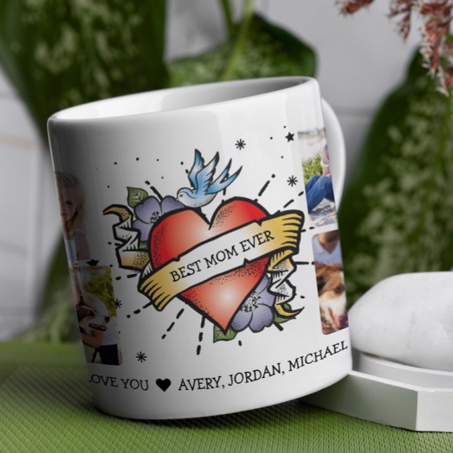 Mug Tatouage cardiaque Personnalisé 8 Photo Collage (Celebrate mom's one-of-a-kind style with this playful and heartfelt design! Customise Banner...)