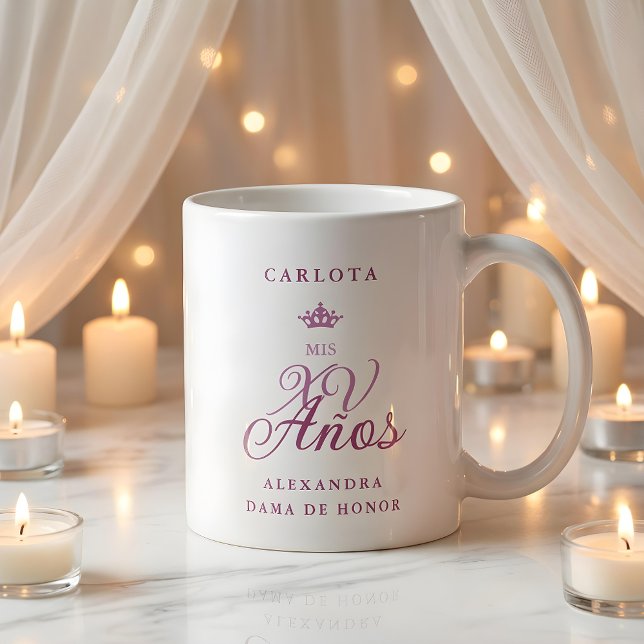 Mug Taza De Café Romántico equipo de novias en tonos r (Dama Romantic Exquisite Mis XV Spanish Calligraphy Princess Crown Coffee Mug for Court of Honor)
