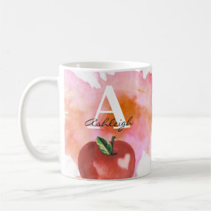 Mug Teacher Apple Heart Monogramme Nom Rouge Rose