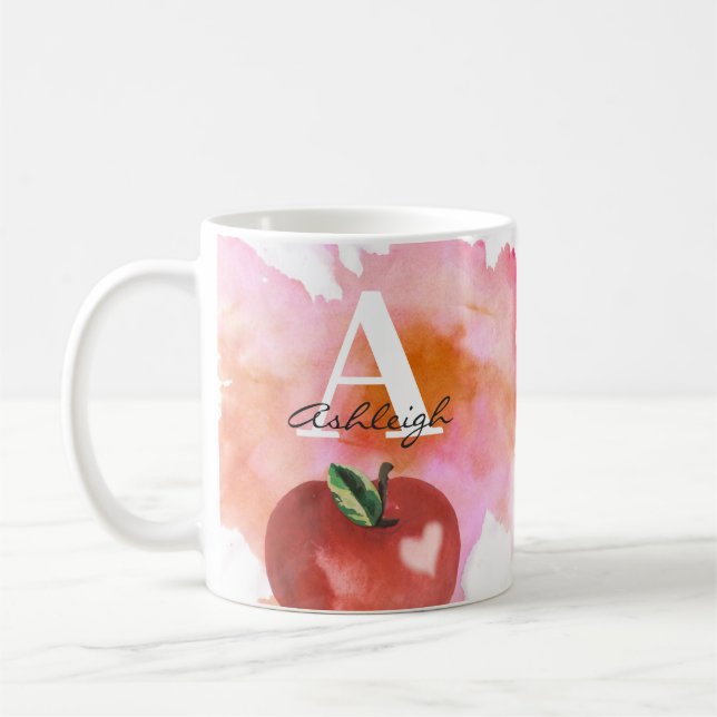Mug Teacher Apple Heart Monogramme Nom Rouge Rose (Gauche)