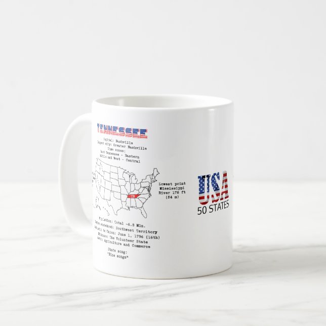 Mug Tennessee États américains sur une carte et des in (Devant gauche)