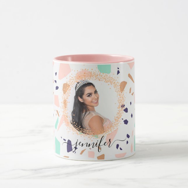 Mug Terrazzo rose or menthe blanc nom photo (Centre)