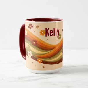 Mug Terre Rétro Arc-en-ciel & Fleurs Nom personnalisé