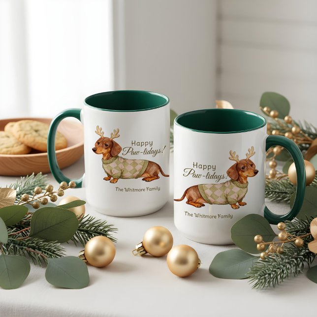 Mug Tête de chien teckel en bois de Noël Sweater à car (Dachshund Dog Antlers Christmas Checkered Sweater Mug)