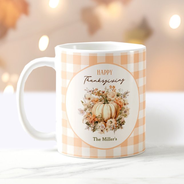 Mug Thanksgiving Fall Citrouille En vichy Pastel Name (Thanksgiving Fall Pumpkin Gingham Pastel Name Coffee Mug)