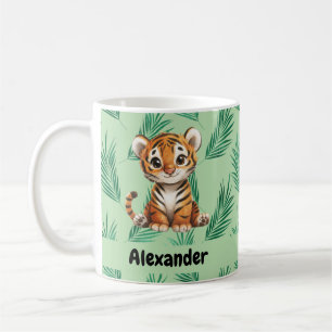 Mug Tigre de dessin mignon sur Feuilles tropicaux